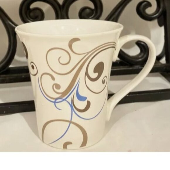 2 Coventry Coffee Mugs Porcelain Fine China CHOCO SCROLL beige blue brown PRETTY - Picture 5 of 9